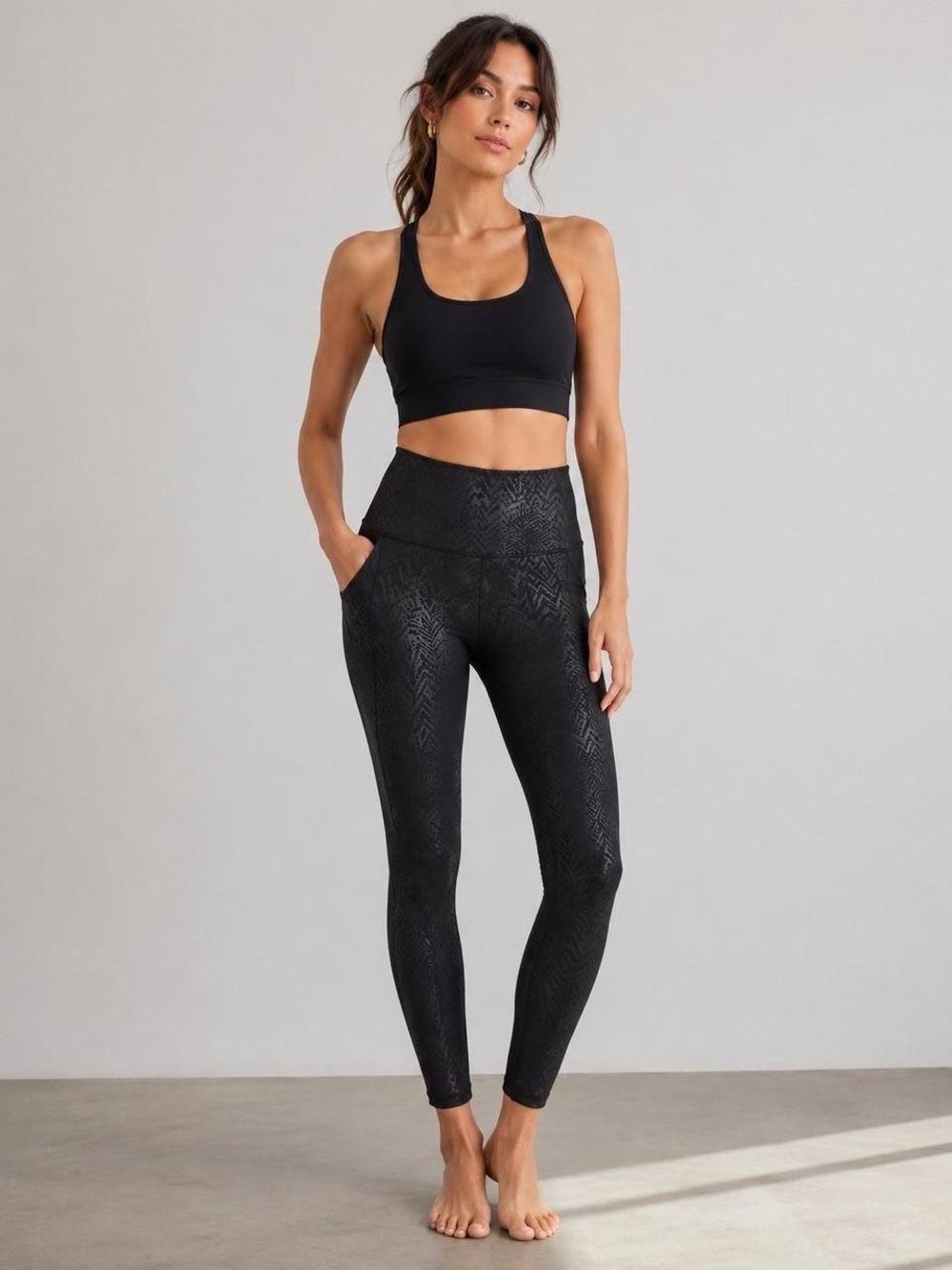 Athleta Black High-Rise Textured Leggings with Side Pockets